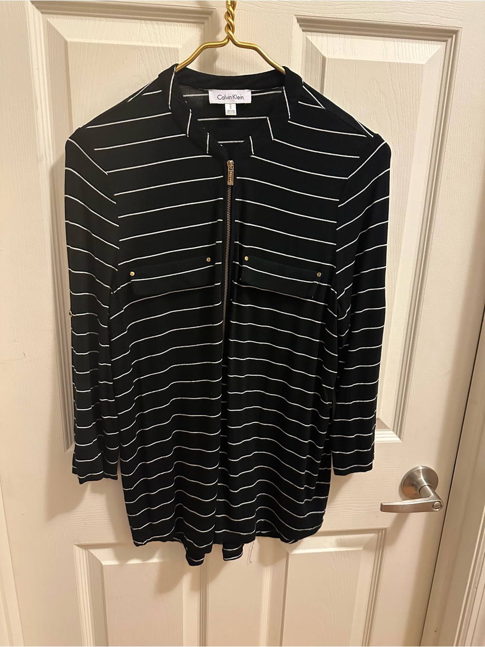 Calvin Klein Black and White Striped 1/3 Zip-Front Blouse